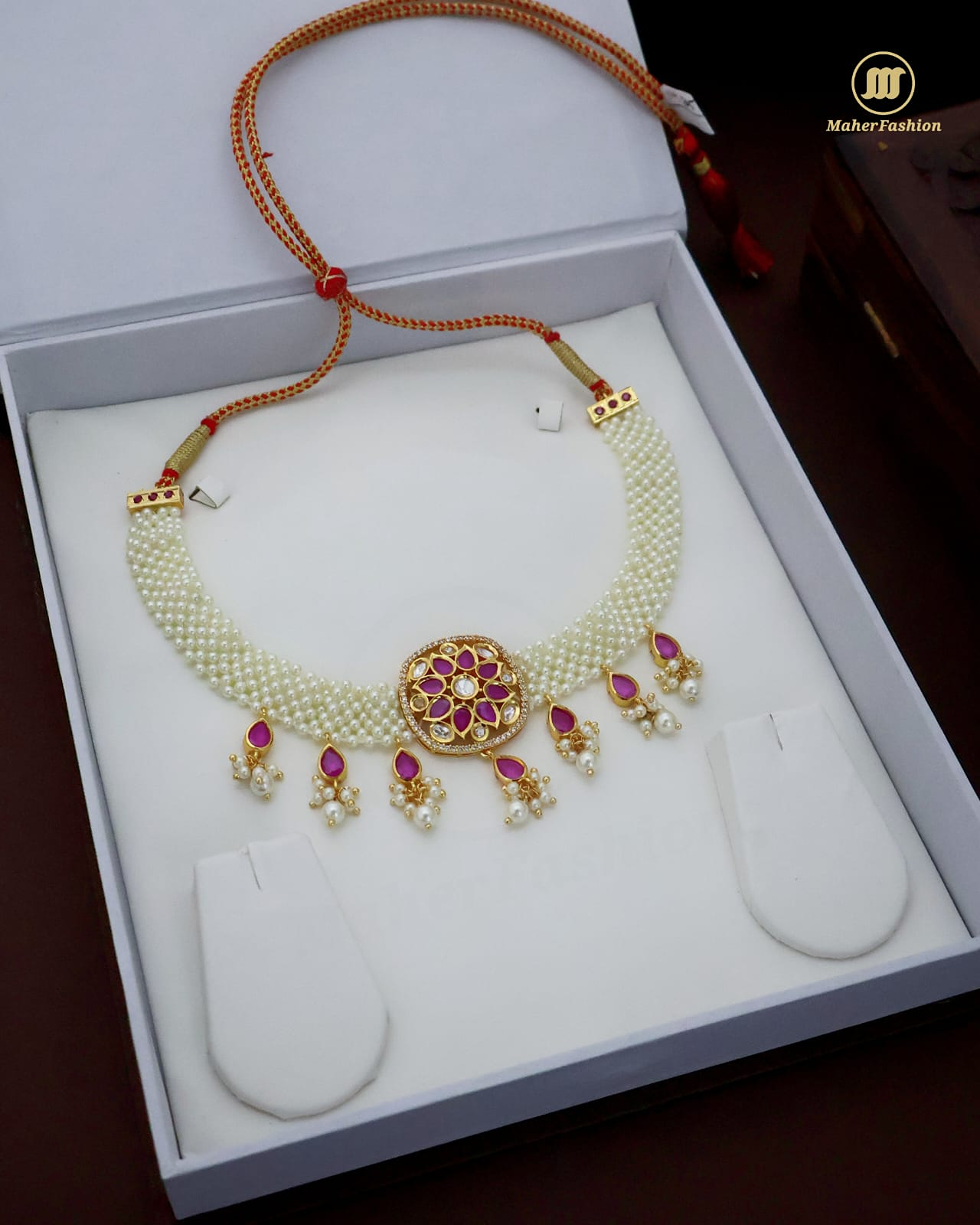 Pearl White Ruby Chinchpeti Necklace